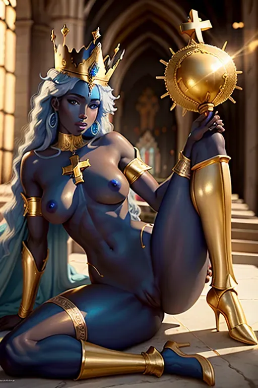 High Resolution Nude Beautiful Haitian paladin with bluish skin with large gold crown and silver Afro and golden nipples and pretty pussy showing. In a cathedral with divine light with a holy cross