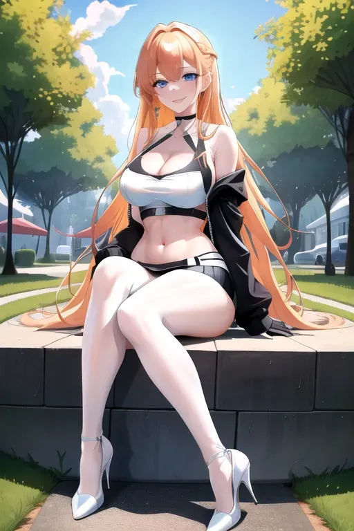 1girl, strawberry blonde hair, blue eyes, pov, pale skin, looking at viewer, black hoodie, sitting in park, smiling, long hair, giant breasts, cleavage, 8k, masterpiece, best quality, highly detailed, white high heels, white miniskirt, white crop top, slim body, black choker, full body, daytime, holding water bottle