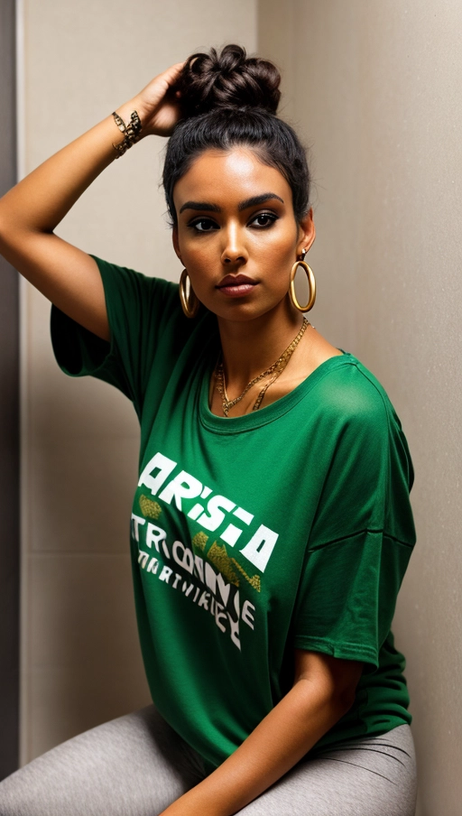 Create a photo for aspect-ratio of 9 to 16,
of a young solo Sinti Woman, close up, (low angle front view),
(sitting in toilette),
round face, small body, thin body, ((very busty)), dark skin, dark eyes, dark hair in a messy updo,
((She has natural light brown thin eyebrows with a soft thin arch and natural thickness neatly groomed with wispy ends.)),
pierced nose, nose ring jewelry, necklace, golden earrings, no makeup, skin with some freckles and moles,
((oversized green t-shirt)), sport bra, black tight leggins, sneakers