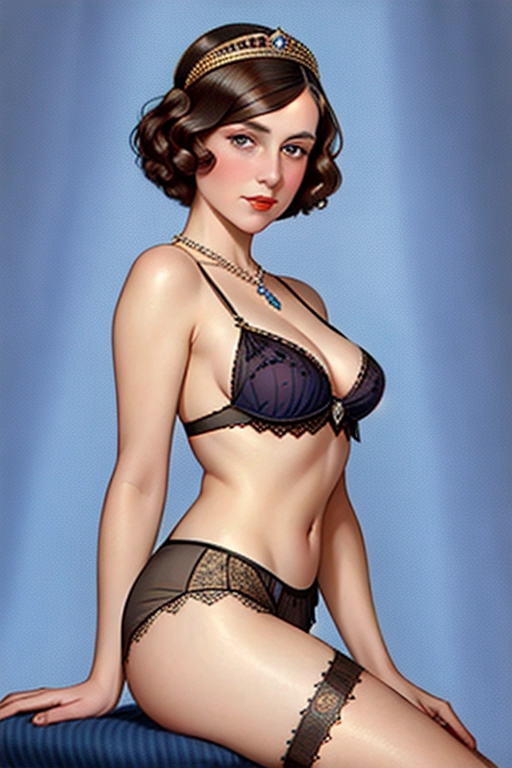 1920s style, 20yo young Queen Elizabeth the Queen Mother, ((accurate face)), ((dark hair)), flapper style, in lingerie