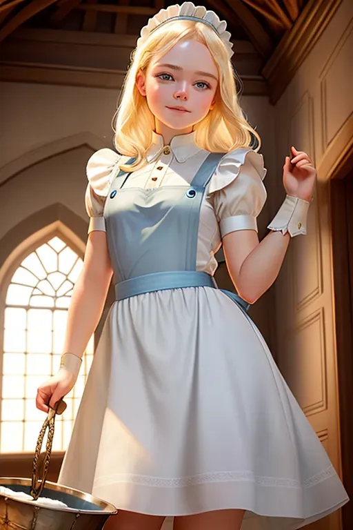 aurora doing chores in a castle, Disney princess, elle fanning face, blonde hair, wide blue eyes, soft cheeks, full lips, curvy, small breasts, aroused, dungeon setting, high definition, excellent lighting, 4k quality, submissive, fully clothed, looking excited, happy, cute apron, maid, holding a bucket