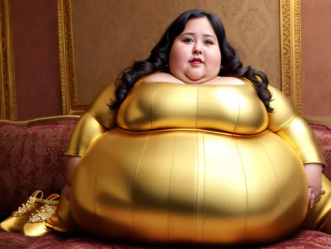 fat woman, golden clothing, gold jewelry, gold, obese,