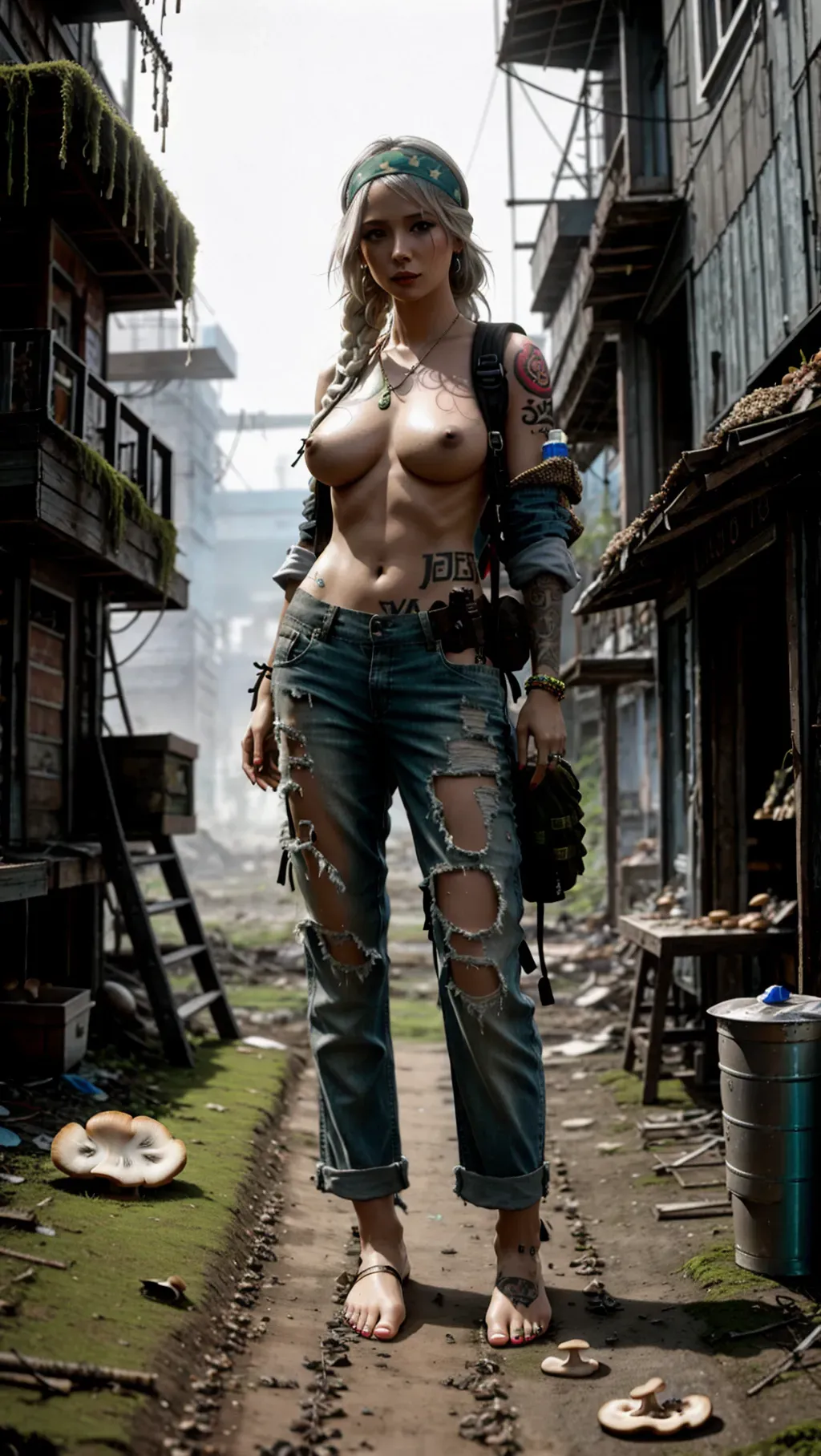 ultrarealistic image, sexy adult topless barefoot white-skinned female journalist woman with dirt-covered feet and long erect nipples while wearing casual clothing with a torn shirt and long pants and wearing toe rings and wearing a headband and wearing a muscle band and wearing a survival backpack with tattoos on the bottoms of her feet while holding a weapon while hiding in a post-apocalyptic city full of destroyed buildings covered in mushrooms and moss with mushrooms growing on her feet, barefoot, dirty bare feet, blackened dirty soles, exposed nipple, nipples, zombies in background, exposed breasts, tattoo on sole, tattooed sole, tattooed bottoms of feet, mushrooms growing on feet, mushrooms feet, feet covered in mushrooms, mushrooms growing on feet, feet covered in mushrooms,
