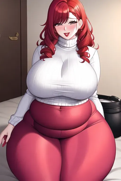 An extremely fat redheaded milf with curly hair wearing a turtleneck sweater and yoga pants, with plump red lips and a belly that sags to her knees, extremely thick thighs, huge sagging breasts, and a massive flabby potbelly