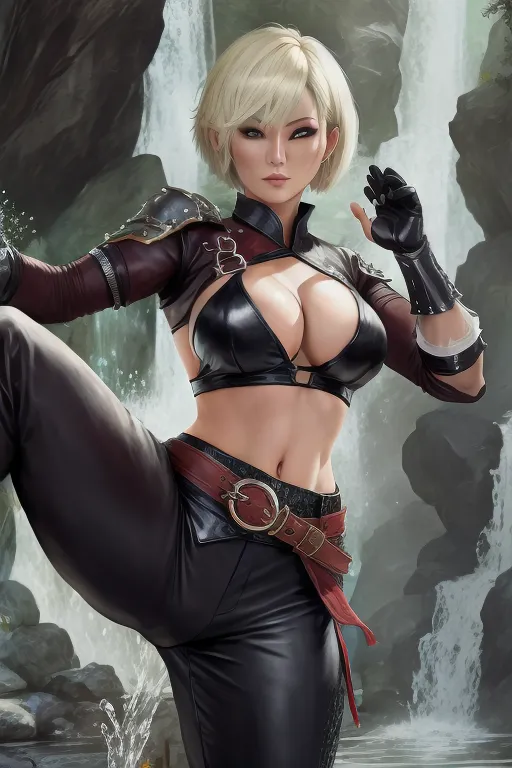 black desert online, fantasy human female martial artist, blonde short bob cut hair, black pants with straps, exposed stomach, black trousers with straps, dark red blouse, martial artist gloves, beautiful mature face, gray eyes, slightly tanned skin, vibrant color, colorful, strong colors, martial arts pose, water magic, controlling water, water dragon, martial arts stance, waterfall background, fighting stance, combat, one leg in the air, kicking