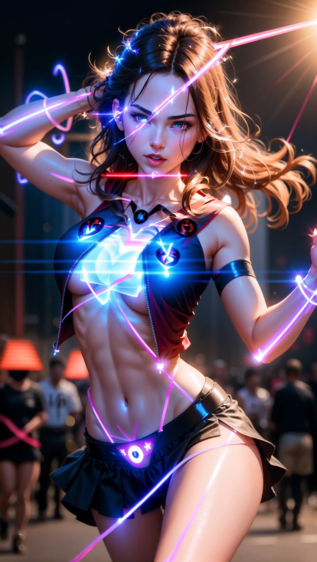 A digital photograph of, professional photograph, 1 hot Gal Gadot (20) (running in a street) (wearing a long shirt and a skirt) is (((opening widely her shirt apart:1.4)) with her both hands like Superman) and revealing her breast, (((a red (((chest symbol:1.3))) is (((glowing:1.4))) with blinging light))), light patterns are surrounding her while she is becoming a superheroin, her long hair is flowing in the wind, beautiful face, beautiful red eyes, beautiful lips, highly detailed, perfect perky breast, hard nipples, (((glowing areola))), shirt buttons are flying in the air, (cinematic lighting), cinematic composition, photon mapping, 32k, vivid colours, bokeh, (highest quality:1.8), highest resolution, (photorealist:1.72), (photorealism:1.72), (masterpiece:1.18), --s 750 --v 5.2