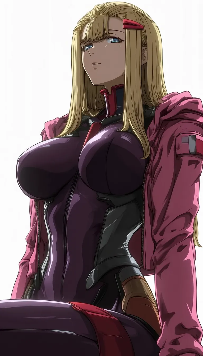 dark_art_style, fuurinji miu, blonde hair, long hair, blue eyes, mole under right eyes, slim waist, large breast, pink jacket, purple bodysuit, hairclip, 1girl, solo, alone, masterpiece, highres