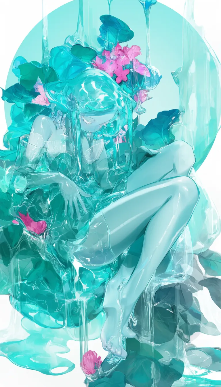 slime girl,
1girl, blue skin, see through, solo, barefoot, aqua dress, leaf, sitting, looking down,aqua hair, pink flower, bare shoulders, bare legs, full body, see-through, aqua theme, plantar flexion, detached sleeves, hand on own thigh, waterfall, long sleeves, liquid hair, long eyelashes, colored eyelashes, white eyes, sleeveless dress, aqua background, circle,
masterpeice, best quality, very aesthetic, absurdres