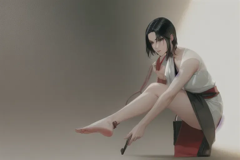 1girl , full body , feudal japan , edo period , night , japanese , highres , short hair, dark hair, black hair, green eyes , almond shaped eyes , thin lips , parted lips, solo, ((masterpiece)),photo referenced::5, pale skin, tenchu, kunoichi, professional, ultra high res, kuugire, stealth, soft feminine facial features, button nose, 25 years old, bare legs , uncovered legs, skin visible, seductive look, arrogant look, sinister look, detailed face, detailed eyes, dark kimono, foot, feet, soles, sole of the foot, foot sole, toes, toe, raising right leg, left leg not visible, holding right leg with left hand