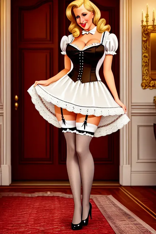 A digital painting of an embarrassed blonde wearing a french maid outfit. Her skirt is too short to cover her ass. The maid is in the foyer of a large mansion, blushing.