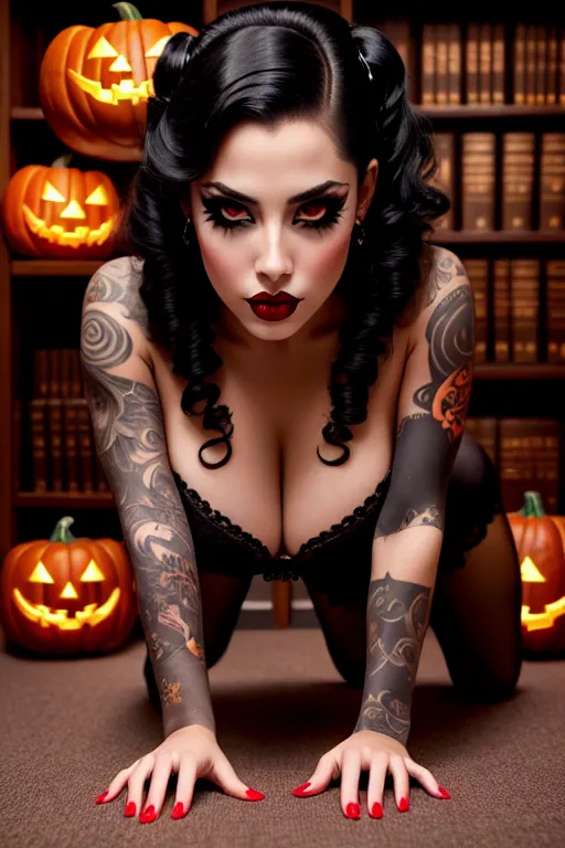 a photograph of,bella luna,wearing halloween clothes,all-fours,at the library,small breasts,five fingers per hand,beautiful face,beautiful lips,black eyes,curved eyebrows,smooth skin,erotic,tattoo,surreal,editorial,cinematic lighting,highly detailed,8k