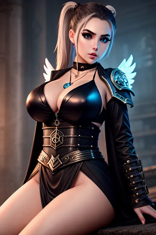 a photograph of,angelbaby,wearing mage clothes,lying,in a dystopian future,big breasts,five fingers per hand,ponytail,gorgeous face,beautiful lips,detailed large eyes,curved eyebrows,wearing necklace,surreal,pixiv,bokeh,smooth,cinematic lighting