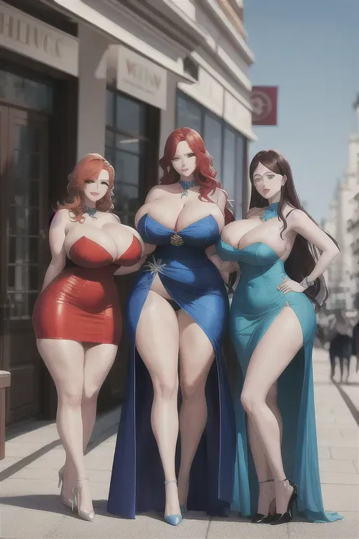 SuperThicc Redhead is wearing a blue dress
SuperThiccBlonde is wearing a red dress
Superthicc Brunette is wearing a white dress
All 3 of them are standing in front of an expensive restaurant
They all have huge tits and big butts