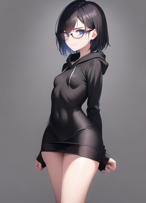 (masterpiece), absurdres, smooth, soft lines, soft edges, perfect edges, (soft lighting), (soft glow), perfect anatomy, detailed background, hair with great details, perfect eyes, perfect face, ((serious expression)), rounded face,
lip gloss, smiling, ((flushed cheeks)), erotic, full body view, goth girl standing in park,
((Black hair)), ((short hair)), pale skin, ((short stature)), ((small breasts)), blue eyes, black eye liner, hoodie, wide hips, narrow waist, short skirt, stockings, glasses,
