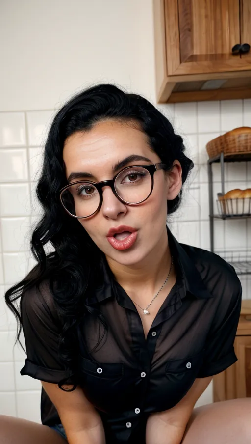 18 years old bakery shop lady, black curly hair in a bun, full lips, black metal frame round gasses on peak of nose, beautiful dark shining eyes, defined cheeks, defined jaw, small, (thin chest), shy smile, nice teeth, high front angle camera view, sitting, flour, (((wide open shirt))), nice small breast, open mouth, licking pointing finger, <lora:dpmg_pov_cowgirl:1>