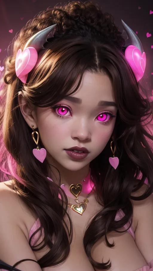 best quality, (((ultra high res))), (detailed face and eyes), ((hearts)), perfect face, ((big heart pasties)), heart choker, golden earrings, jewelry, golden heart necklace, (((succubus))), black horns, lipstick, seductive scent, ((gentle touch)), pleasure, orgasm, seductive, charming, Lust, Penetration, curly hair, (face closeup), (((dark brown hair))), ((((Ashley Moore)))), ((((glowing pink eyes))))