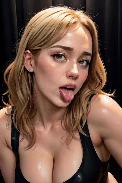 Replicate, a digital painting of, Brie Larson, wearing black tank top, covered in cum, worship, cumshot, begging, natural tits, sultry, mascara running, charming face, beautiful lips, pale skin, highly detailed, 8k,studio lighting, ultra realistic, correct human anatomy, dpmg_awaitingtongue_v1, dpmg_face_cum_v1, accurate breasts, happy trail, realistic soaked cleavage, sweaty body