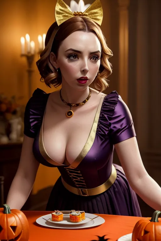 a photo shot of,jodie comer,wearing halloween clothes,all-fours,in a tea party,small breasts,five fingers per hand,short hair,gorgeous face,beautiful lips,curved eyebrows,pale skin,romantic,wearing golden ring,cgsociety,highly detailed,unreal engine,editorial,smooth