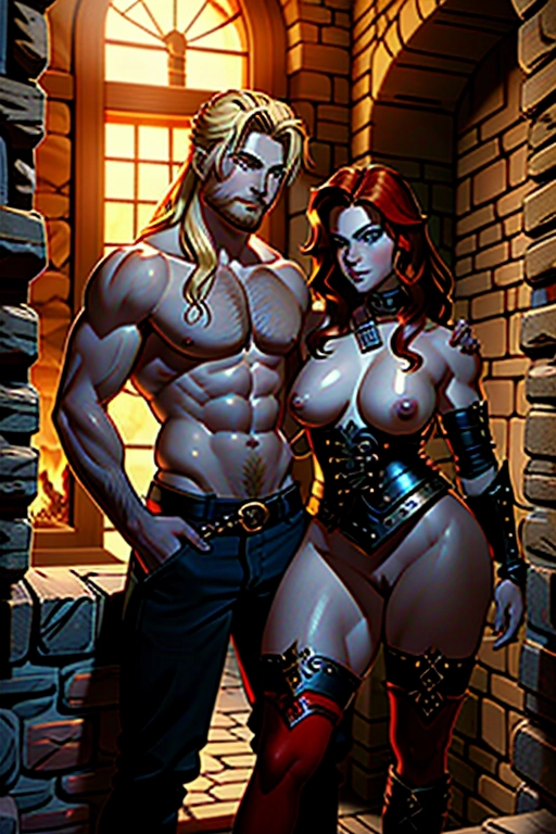 Two people, a twisted realism fantasy setting, a sexy story book princess and a dashing Nordic warrior having graphic sex, a beautiful and cute damsel princess, blonde, thicc curvy, sexualy aroused, captive, in a dungeon, naked, waiting eagerly for a strong dashing warrior barbarian in the fireground to fuck her, a muscular warrior man, red hair and beard, well endowed, ((high definition)), ((4k quality)), ((excellent lighting)), ((great shading)), ((pristine detail)), ((really clear picture)), ((beautiful vibrant colors)), ((accurate at lower prompt guidence)), ((ultra realistic)), (((five fingers per hand))), (((two arms per person))), (((two legs per person))), (((two hands per person))), (((two feet per person))), ((((100 percent according to prompt))))