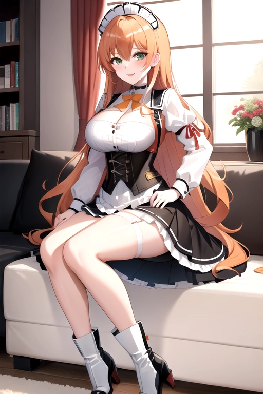 long hair, pale skin, orange hair, green eyes, black choker, giant H-cup breasts, wavy hair, white maid uniform, smiling, full body photo, 28 years old, miniskirt, cleavage, high heels, corset, 8k quality, boots, in living room