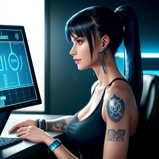 Medium shot, side profile, soft lighting of a highly detailed beautiful, thin Cyber punk female with blue black hair sitting in front of a computer monitor at a desk with a tank top on showing cleavage and tattoos on her upper arms. Dark background with a window showing a night sky and a blueprint on the wall, she has a bracelet on her wrist and wearing earrings on her ears