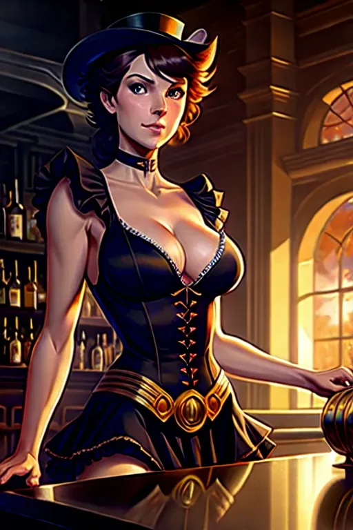 30year old woman, skinny fit body, cleavage, as an old western scarlet lady, wearing ruffled skirts and black boots, standing by the bar, smoky atmosphere, whisky, hyper detail painting, complex, hyper detailed face, perfect eyes nose and lips, 4k concept art portrait by Greg Rutkowski, Artgerm, WLOP, Alphonse Mucha, dynamic lighting, hyper detail, intricate art, Artstation process color trend, Unreal Engine 5 , volumetric lighting, pop, elegant, pure, deep color art, Greg Rutkowski art, fantasycore, airbrush, top hat, entertainer, circus director, unreal engine, greg rutkowski, loish, rhads, beeple, makoto shinkai and lois van baarle, ilya kuvshinov, rossdraws, tom bagshaw, alphonse mucha, global illumination, detailed environments high quality 8k