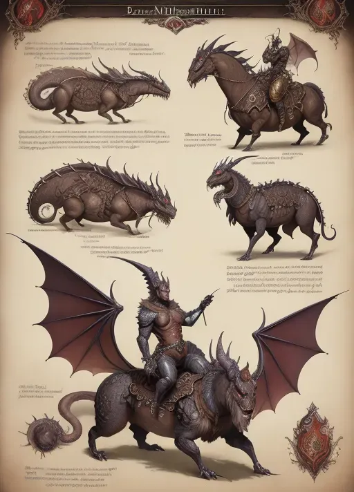 ((8k, high detail, high resolution)) character design sheet from artist Edward binkley of a monster riding a cryptozoology creature . ((Medieval bestiary art)) (((Diablo game bestiary art)))