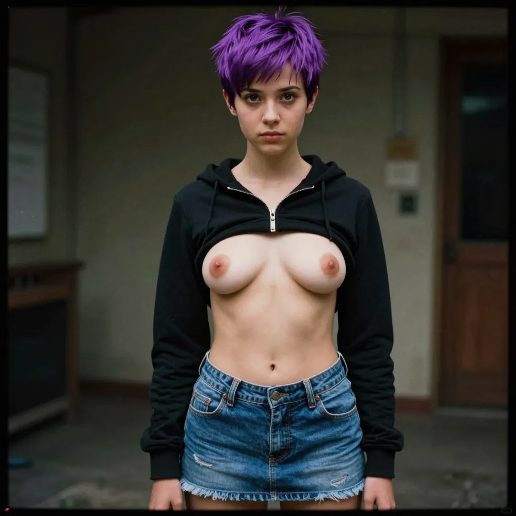 pixie cut vibrant purple hair, small black cotton cropped unzipped hoodie open in front, cute pubescent girl, age 13, budding bosom, raised nipples, skinny, flaring hips, low riding blue polyester skater skirt, low on her hips