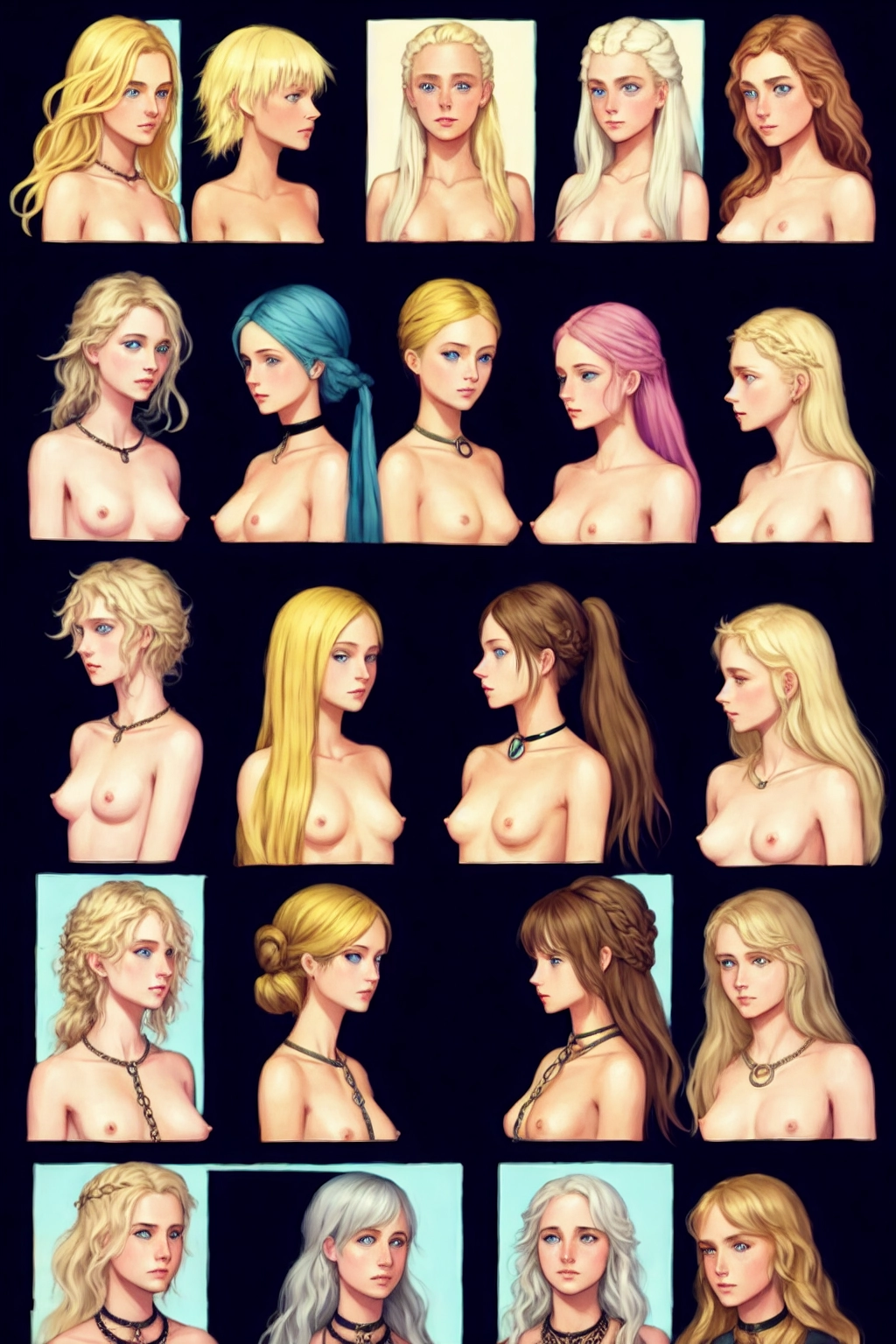 High Fantasy, slave market, line up of 10 females, showing vagina, presenting vagina, nudist people, fully nude, highly detailed, correct human anatomy, scared, blushing, touching breasts, mutual masturbation, highly detailed, (blue eyes), (blonde hair), slave collar, chained, messy hair,