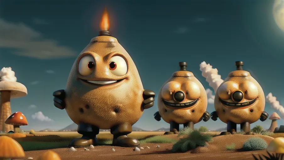 anthropomorphic nuclear weapon, smiling at camera, giving thumbs up, mushroom cloud in the background
