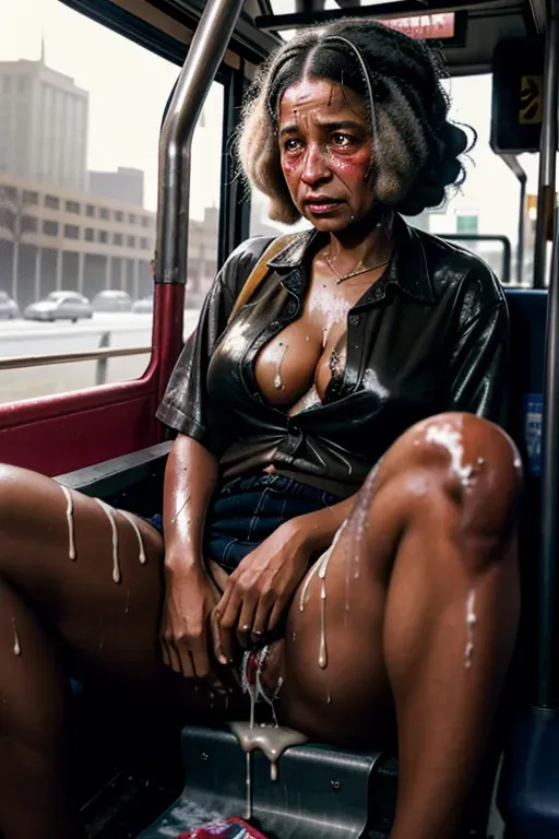 42 year old Rosa Parks, bruised, battered, dirty, sweaty, crying, tears, exhausted, messy hair, cum dripping from pussy, covered in cum, spread legs, gaping pussy, cum dripping from asshole, on the backseat of a public bus, best photorealistic 8k