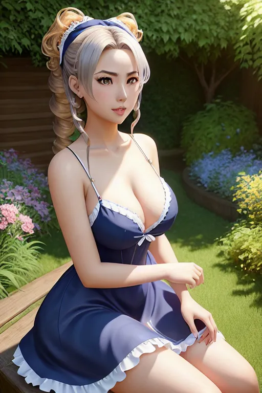 a digital painting of,alice nakiri,wearing maid clothes,sitting,in the garden,amazing breasts,five fingers per hand,fishtail hair,beautiful face,beautiful lips,blue eyes,curved eyebrows,curved eyelid,smooth skin,wearing golden ring,8k,cgsociety,surreal,ultra realistic,unreal engine