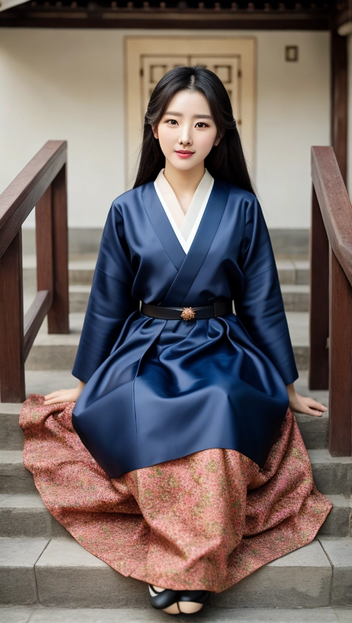 beautiful korean actress, traditional dress, dark eyes, dark hair, kissing lips, shining eyes, teasing smile, sitting on a stair in front of a traditional house, ((undressing her dress))