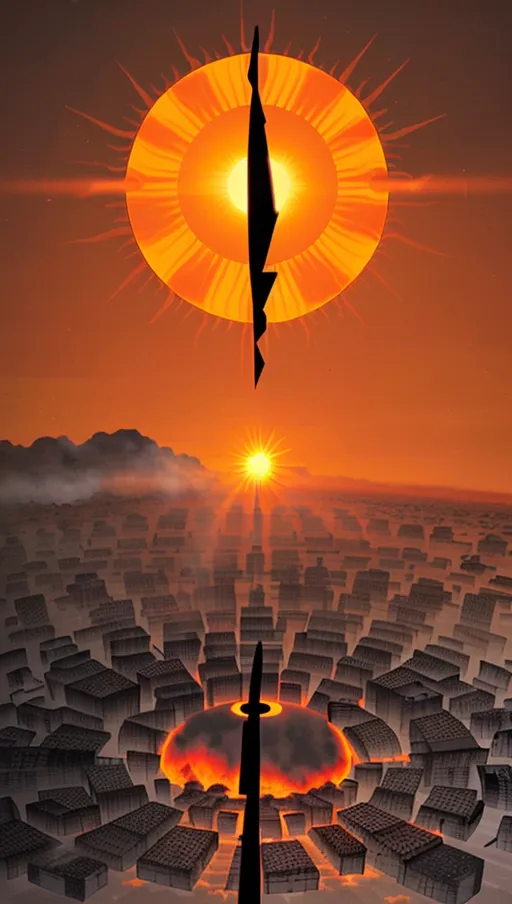 (((the sun in the sky has a giant vertical black line down the center))),
(The village beneath is on fire),