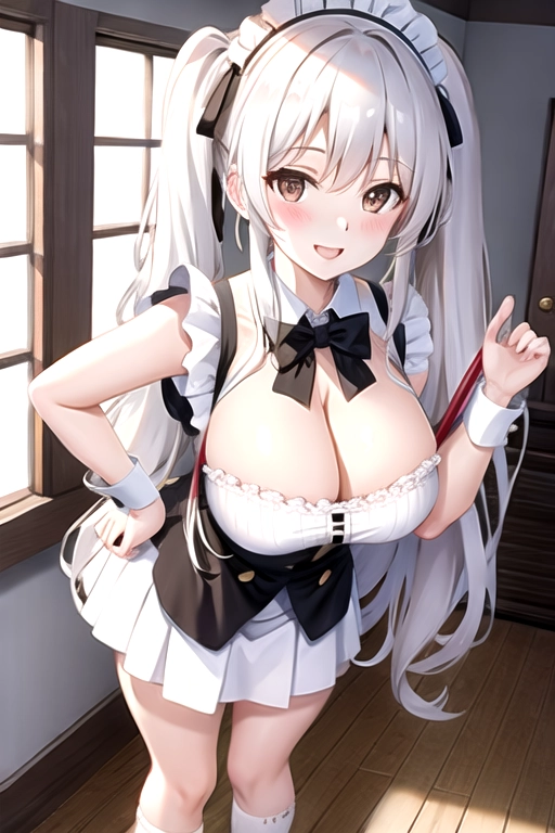 8k quality, brown eyes, pale white skin, white hair, giant breasts, cleavage, looking at viewer, pov, long hair, wavy hair, standing in bedroom, maid uniform, roller skates, miniskirt, pigtails, full body photo, smiling
