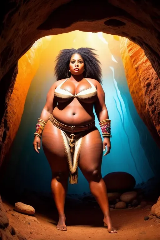 Artgerm, WLOP, Chad Michael Ward, Beautiful curvy cavewoman in a loincloth, wide-angle lens, Photograph Taken on Nikon D750, in a cavern with a campfire and wall paintings, Intricate, Elegant, vivid colors, Digital Illustration, Scenic, Hyper-Realistic, Hyper-Detailed, 128k resolution