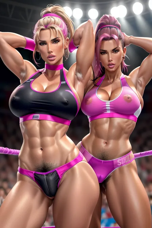 Replicate, A 8k high resolution photo, Ultrarealistic, 40 years old, Katie Price, Massive fake breasts, athletic outfit, hot pink low-rise spandex thong, Cameltoe, eager, Halter neck sports bra, Erect Nipples, Body Hair, Pubic Hair, crotch bulge, bulged pubis, Happy Trail, Detailed Pupils, Hands Behind Head