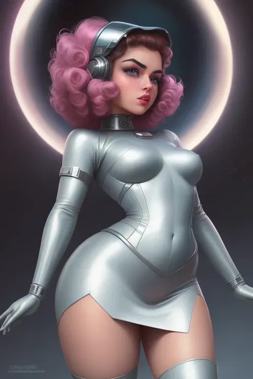 Retro sci fi, 1950s, atompunk genre, space woman, damsel in distress, Hispanic, beautiful mid dark curly hair, glass dome helmet over head, dark eyebrows, blue eyes, soft cheeks, small nose, full pink lips, small pointy breasts, mid build, curvy, thin waist, thicc thighs, full ass, aroused clit, throbbing anus, half naked, silver leather space suit with a reveling skirt, captive, ass facing me, submissive, wanting sex, Disney animation, high definition, 4k quality, cinematic lighting, great shading, excellent detail, five fingers per hand, two arms and legs.