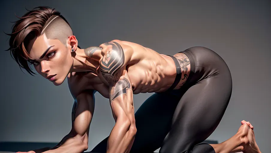(tall athletic woman with muscular features), (androgynous face with angular features), nude, ((short butch brown hair)), tattoos, (((small breasts))), (on all-fours from behind), (topless, wearing skin-tight black yoga pants with a bulge in the crotch)
<lora:dpmg_add_detail:0.5>, ((masterpiece)), ((realistic)), <lora:dpmg_3d_rendering:0.5>