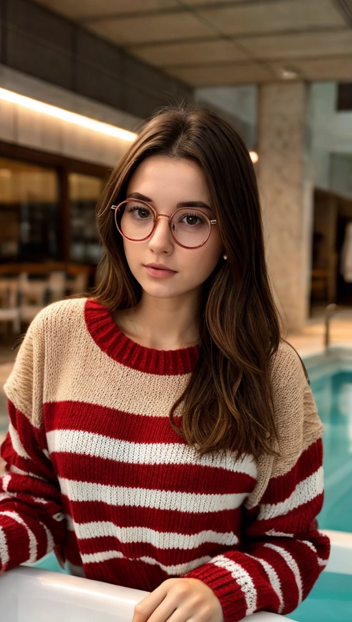 A young Czech woman, at cashier, in swimbath, small, oval face, freckles, pair of glasses, brunette hair with a mixture of red stripes, very thin chest, oversized sweater, charming