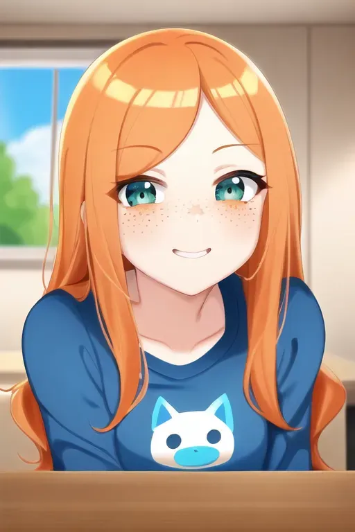 Beautiful face, blue shirt, orange ginger wavy or straight hair, green eyes, freckles, cartoon style