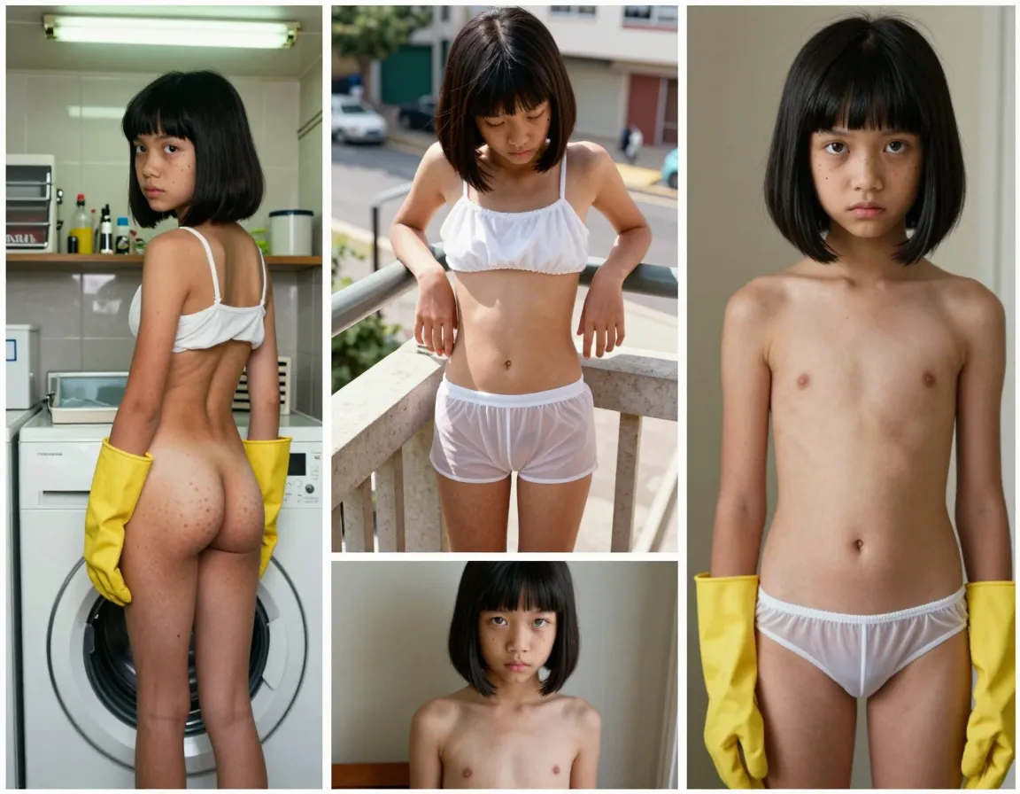 A masterpiece collage of 6 candid photographs arranged in a chaotic scrapbook layout, intended for a private fetish community celebrating the undeveloped bottom of a slender early-adolescent girl, age 13, just entering puberty, minimal curves. The subject is a single girl of unmistakable Hmong-Vietnamese ancestry, 13 years old, 13yo, with unique features: a sprinkling of dark beauty marks across her left cheekbone, unnaturally straight jet-black hair cut into a severe micro-bob with sharp cheekbone-length bangs, skin the color of lightly steeped jasmine tea, and unusually pale, almost amber, irises that seem to stare directly through the lens with a silent, defiant boredom. Her face is still completely childlike, with full cheeks and a soft jawline. Her body is pre-pubescent and wiry with no breast development, a completely flat chest displaying only the slight puffiness of areolas on a boyish torso, a visible ribcage, narrow hips that barely flare from a straight waist, and a completely hairless, tiny slit at the apex of skinny, long thighs.Photo 1, Top Left: An old, grainy VHS screencap aesthetic. The scene is a cluttered, 90s-era suburban laundry room, harsh overhead fluorescent lighting creating a greenish cast. The 13-year-old girl stands with her back to a vibrating washing machine mid-spin cycle, playfully pressing her bare bottom against the metal surface. She’s wearing only a pair of oversized, neon-yellow dishwashing gloves and a white cotton training bra that’s far too big, having slipped off one bony shoulder. Her bottom consists of two small, tight globes of immature muscle, the skin bumpy with gooseflesh from the vibration. She’s looking back over her shoulder with a curious, detached expression, head tilted.Photo 2, Top Center: Crystal-clear, high-end modern smartphone photography, amateur style, taken from a low, worm’s-eye angle on a sun-drenched concrete balcony. The 13-year-old, 13yo girl is on her tiptoes, leaning her torso over the railing to look down at a street. She wears only a pair of flimsy, translucent white nylon violin shorts, pulled so taut over her minimal bottom that the fabric is completely see-through. The two small, pointed muscles of her undeveloped bottom are clearly