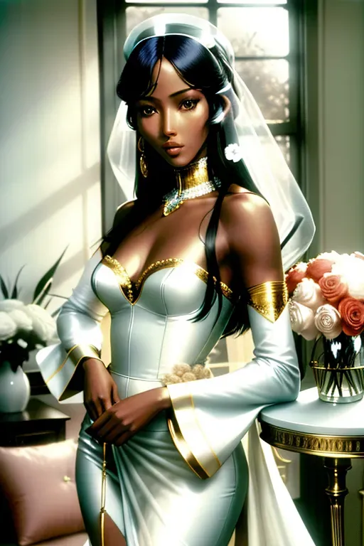Colour picture of a young Naomi Campbell, standing by a window in a comfortable living room, wearing elaborate white and gold lingerie, sofa behind her, vase of flowers on a side table, beautiful face, standing, fit, highly detailed, correct human anatomy, looking at viewer, front, closeup