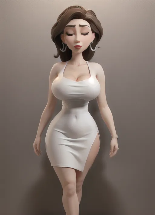Front view, full body,nude Sexy middle aged woman looking to the side, messy mid length dark brown hair, big tits, big nipples, big areola, head bent forward looking down, eyes closed, lips puckered for kiss, scared facial expression, wearing sexy white dress with a slit up the side, slutty, red lipstick, small hoop earrings,short white dress with side slit, showing cleavage,slit up side of dress, looking to the side