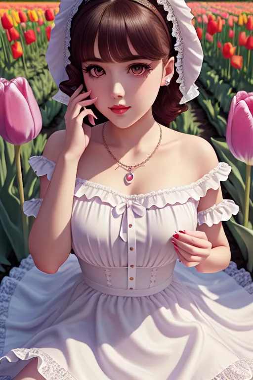 a illustration of,angelbaby,wearing maid clothes,lying,in a tulip garden,five slender fingers,gorgeous face,beautiful lips,detailed large eyes,curved eyebrows,wearing necklace,pixiv,studio lighting,surreal,8k,sharp focus