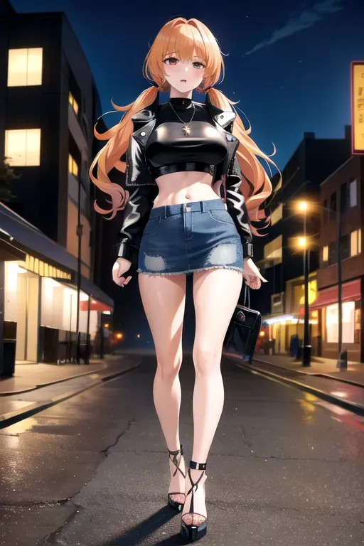 full body, strawberry blonde hair, hazel eyes, short girl, denim miniskirt, black high heels, looking at viewer, long hair, pale skin, silver necklace, black crop top, 24 years old, giant breasts, cute face, pov, wavy hair, city environment, Oklahoma City, wide eyes, erotic, skirt tug, leather jacket, nighttime, black backpack, slim body, low pigtails, running towards camera