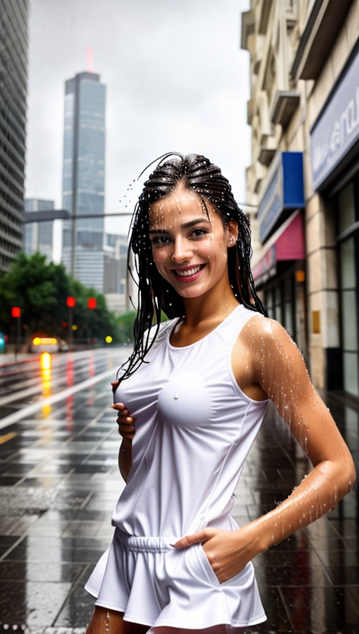 photo-realistic, sexy french girl, athletic body, beautiful face, (dancing), perfect smile, carefree, half-open eyes, ((erect nipples visible through clothes)), large firm breasts, urban background, soaking wet in the rain, wet short thin school uniform, white glow, light from behind viewer