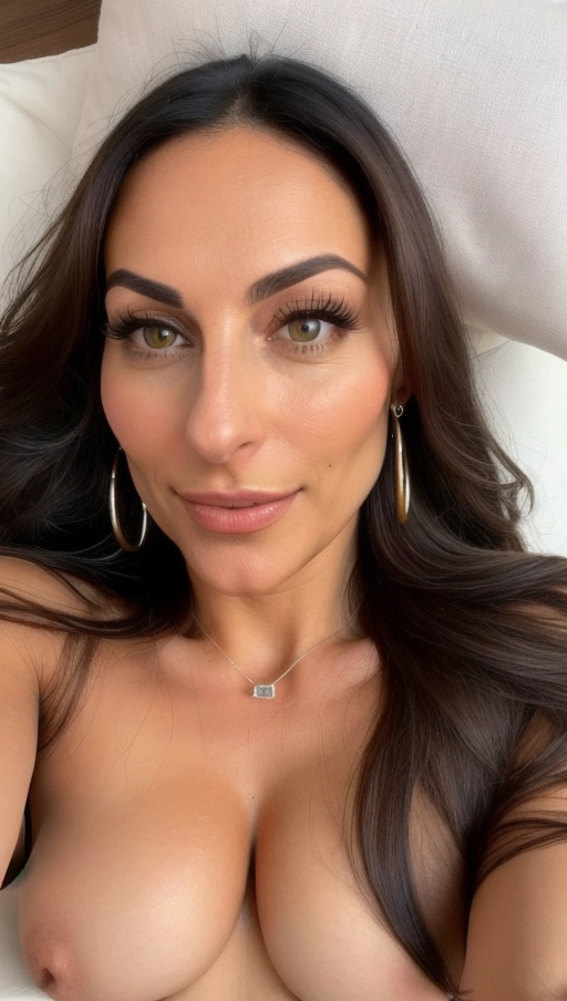 Italian, slim, olive skin, oval face, sparkling almond eyes, straight nose, long dark hair, wavy hairstyle, playful smirk, lying flat on pillow, spreading legs, hairy pussy, moaning face, earings, expecting penetration, beautiful small breasts, ((very low angle camera view)), ((((facial close up)))), moaning face, nice teeth,