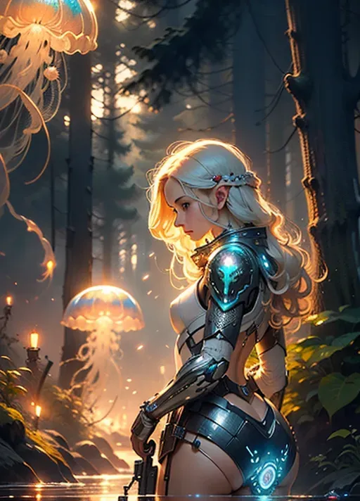 a professional photograph of, a beautiful elf female soldier wearing a futurist combat suit and holding a very powerful rifle is checking the area in a jellyfish forest, integral modern armor covering the whole body, (((front view))), ((full face in frame)), (((close up face))), huge powerful rifle, looking around, <lora:dpmg_jellyfish_forest:1>, sci-fi, science fantasy, HDR, vivid colors, highest quality, highest resolution, (photorealist), photorealism, (masterpiece:1.4)