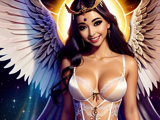 a 64k high detailed photo of hot Female Goddess, ((In lingerie)), HDR, Professional, Highly Detailed, ((in Nightgown)), ((Has Attire)), Godly, Ultra Detailed, Best Quality, Most Detailed, ((Angel Wings)), Angelic Lighting, Angelic Tattoos, Love, Hope, Magic casting, Smiling, happy, Glory, Warrior, Angels, Angelics, Positivity, Happiness, ecstasy, enraptured, sweaty, saving, God, Royalty, Morality, Goodness, True Good, Power, Force, Authority, Ethical, Saviour, Halo, Always and Forever Sentimental, in heat, hot, ultra hot, best, best lighting, tantric, Neutral, Brilliant, Logical, Compassionate, Perfect, Perfection, Exciting, Integrity, Winged, Courage, Purity, Harmony, Beauty mark, ((Female)), Ethereal Lighting, (((With Clothes))), ((With God Item)), ((God Tech)), (God Technology), with items of power, God Wings, (Afterlife Light), ((Perfect Body)), ((Perfect Anatomy)), (Love Worship), (God Light), ((God Staff))), ((God Weapon)), (Spirituality), (Smiling), ((Happy expression)), ((((Has Clothing On))), ((Has accessories))